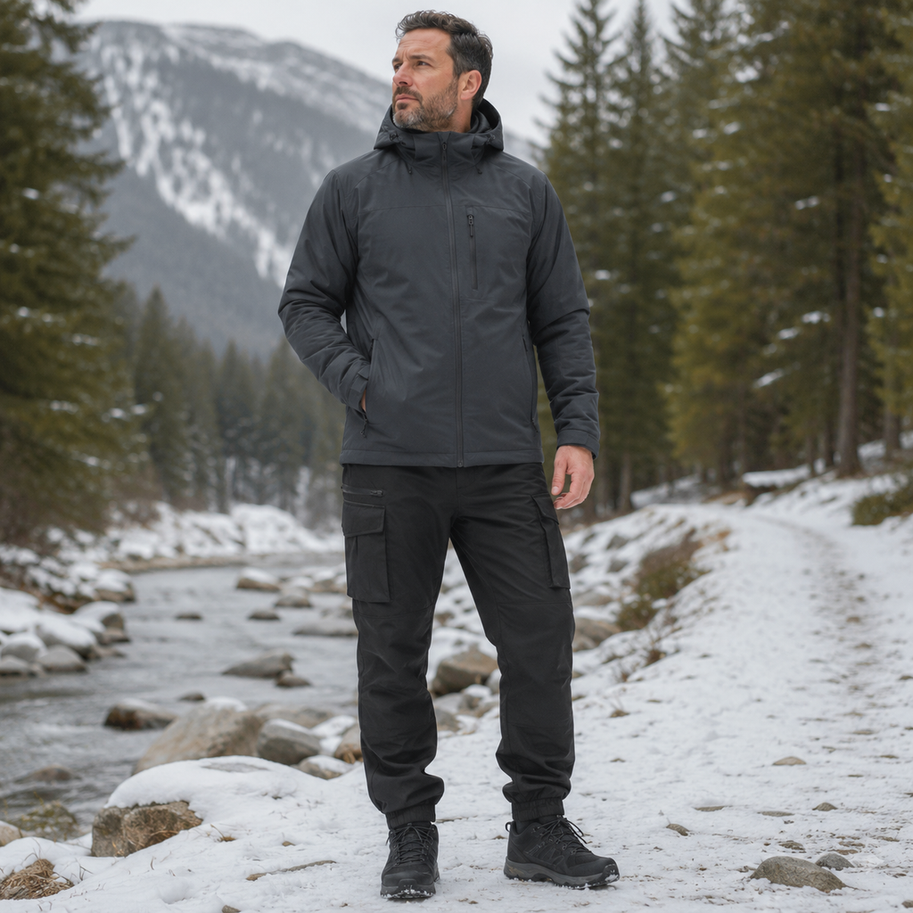 Black 18-Zone Heated Outdoor Trousers worn on a snowy trail