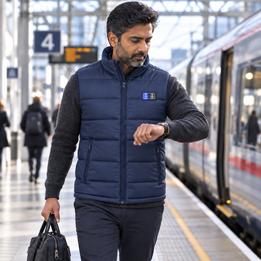 Commuter checking his watch in the navy 9-Zone Heated Gilet