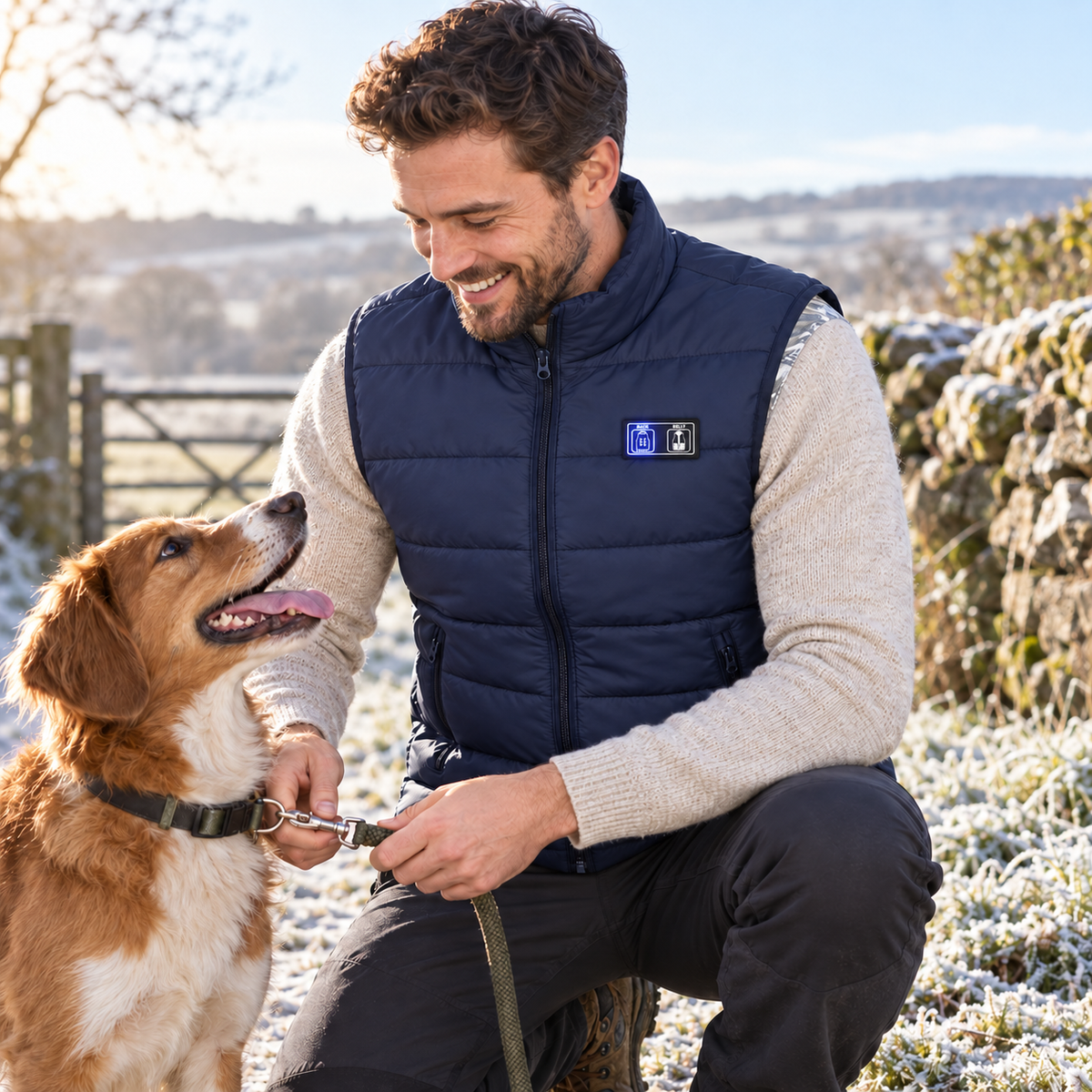 Man fastening his dog's lead while wearing the navy 9-Zone Heated Gilet on a frosty walk