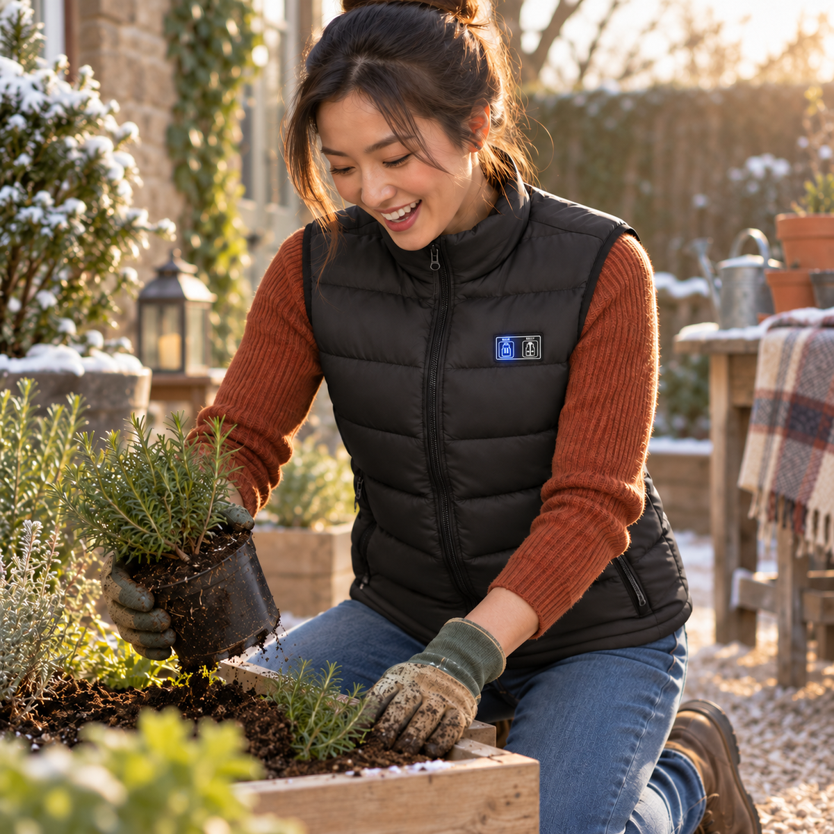 Woman winter gardening in the black 9-Zone Heated Gilet