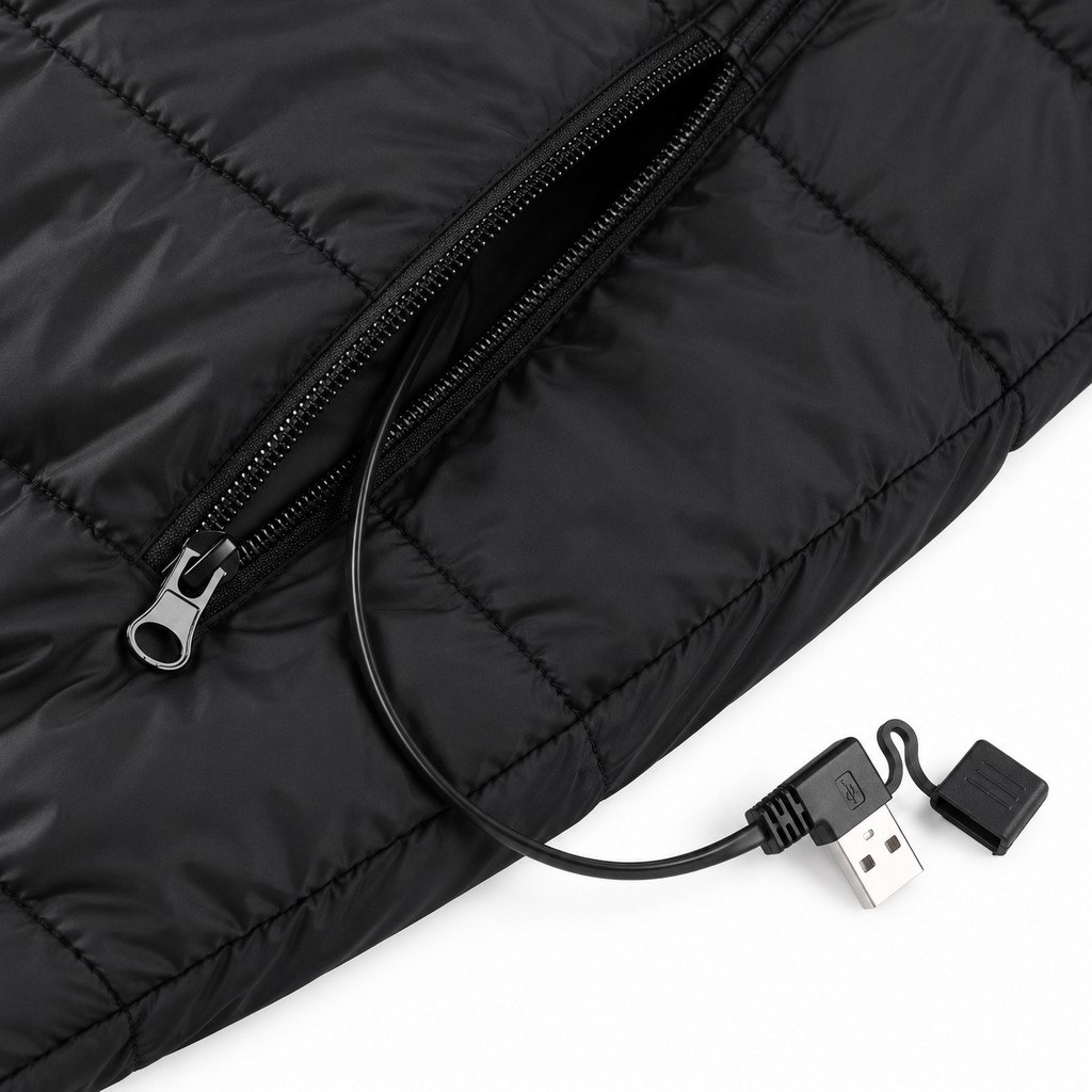 Zipped battery pocket and USB-A power cable inside the black 9-Zone Heated Gilet