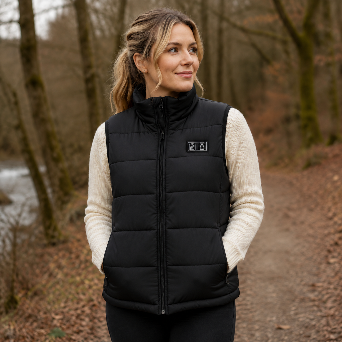 Woman wearing the black 9-Zone Heated Gilet on a woodland walk