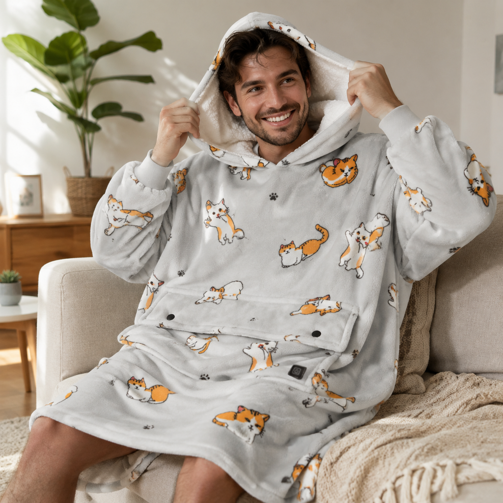 A man wearing the BardiHeat Heated Fleece with a playful corgi pattern, smiling and enjoying cozy comfort.