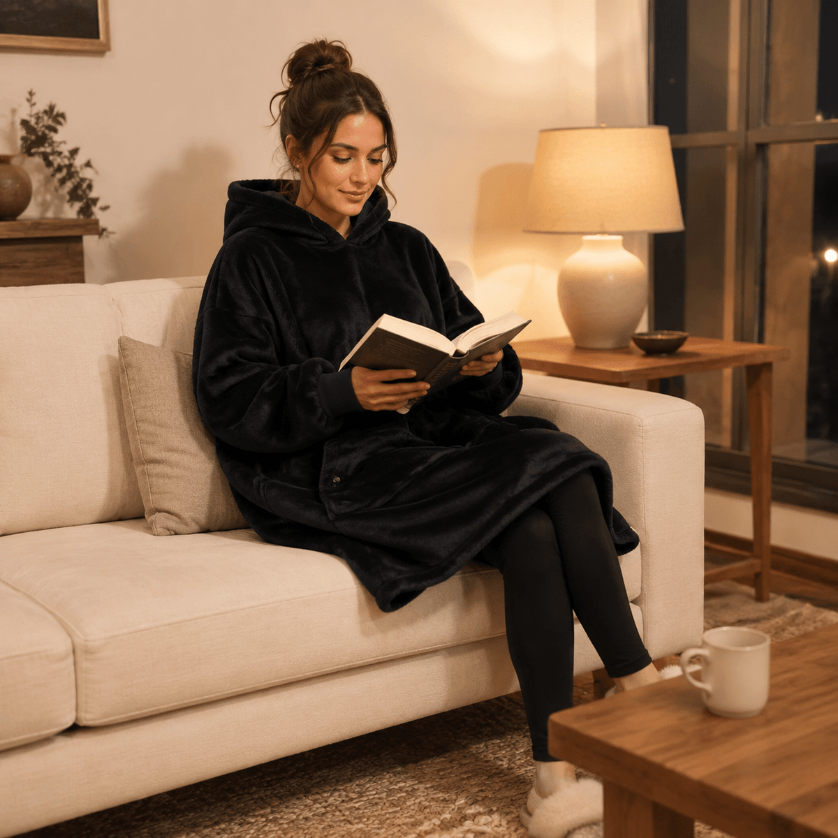 Black BardiHeat heated fleece worn while reading on a sofa