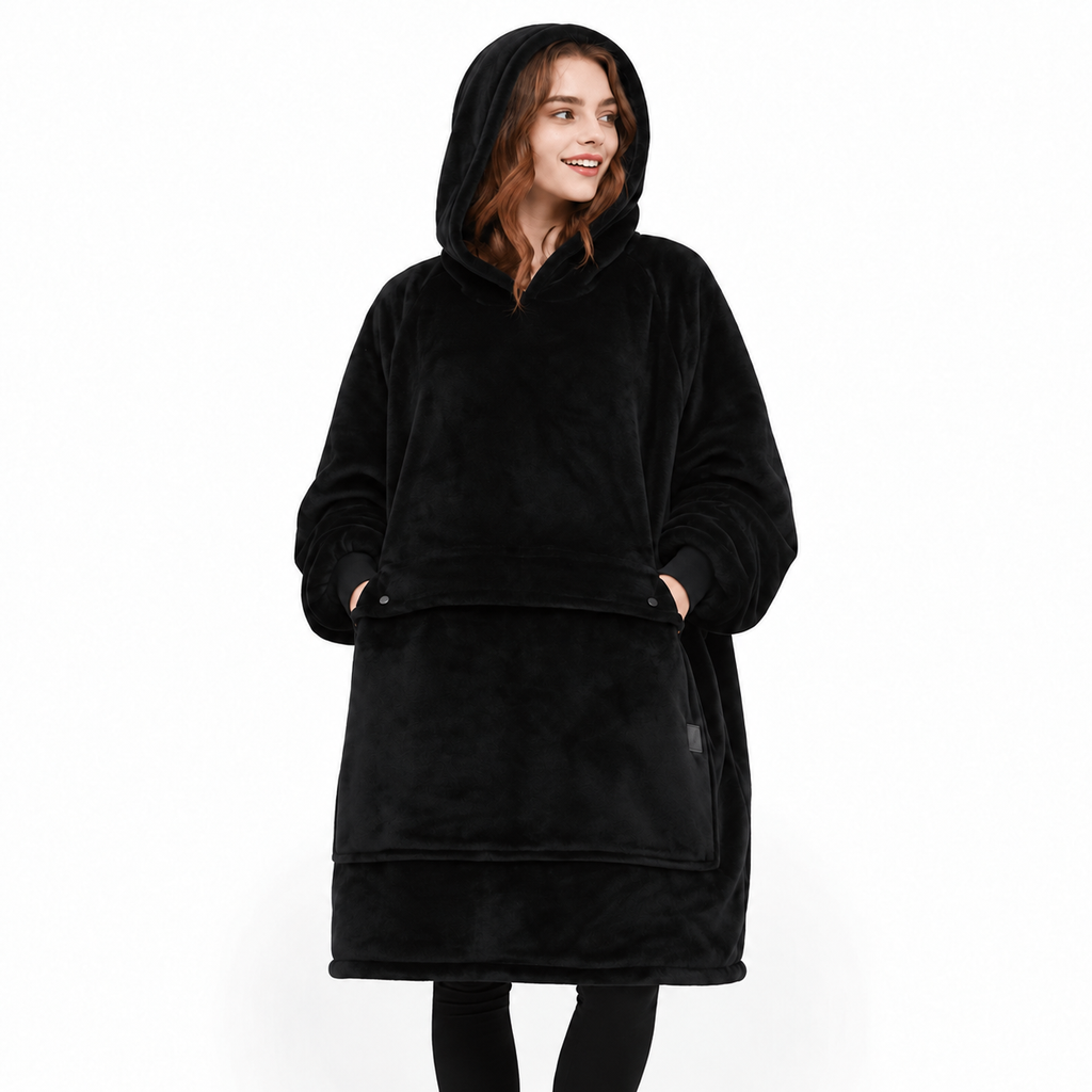 Black BardiHeat heated fleece showing the roomy hooded fit