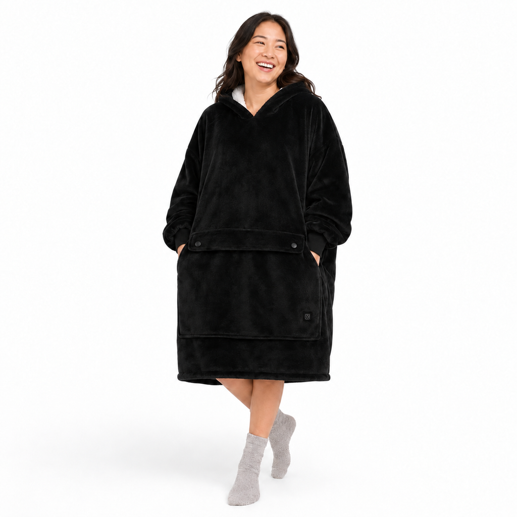 Black BardiHeat heated fleece worn in a playful studio pose with two pocket-closing buttons