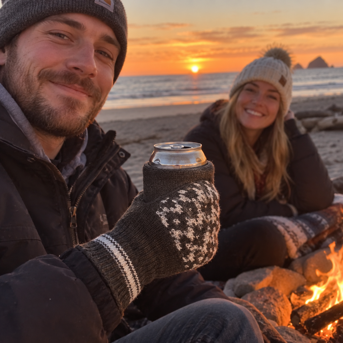 BrewMitt worn while holding a can beside an evening campfire