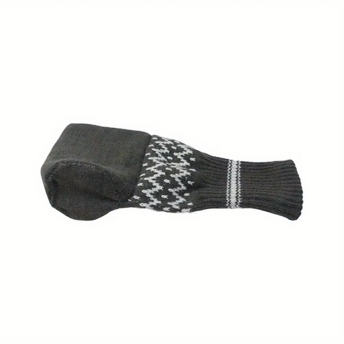 Grey BrewMitt knitted drink-holder mitten laid flat on a white background