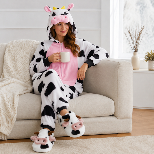 Cow Hooded Onesie and slippers worn on a sofa