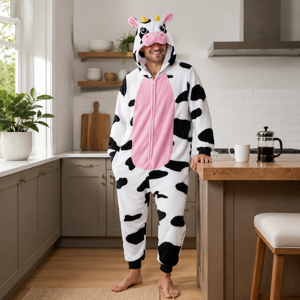 Cow Hooded Onesie worn in a modern kitchen