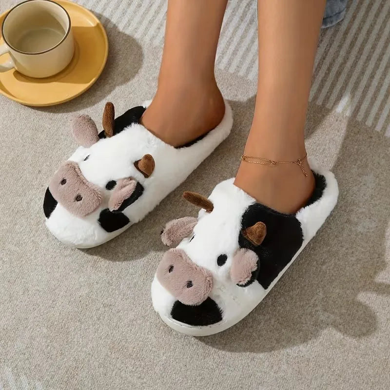 Cow slippers being worn