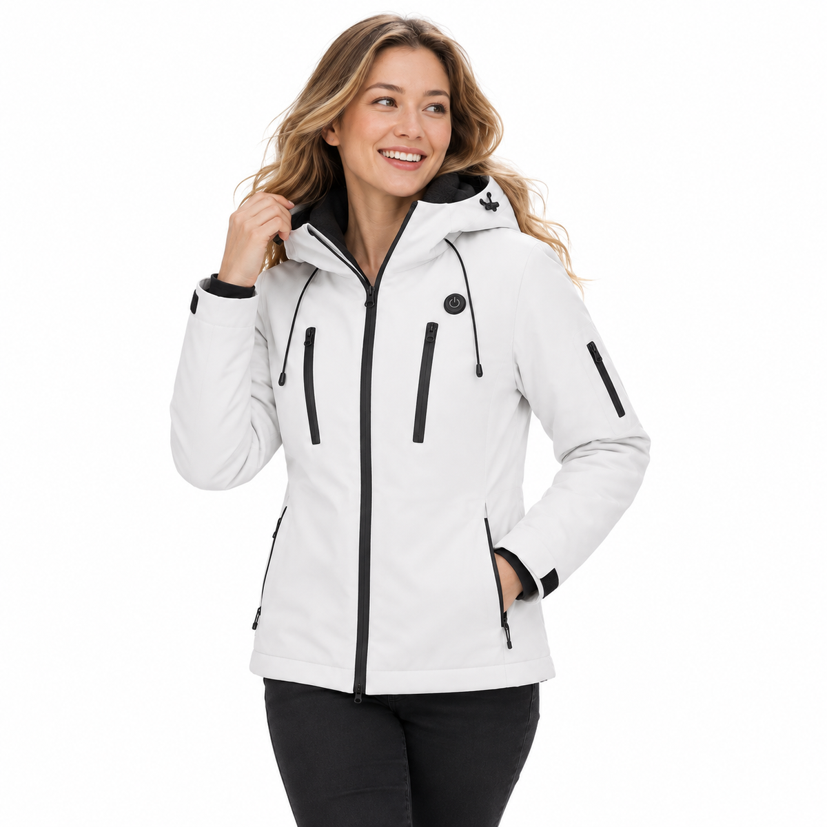Model enjoying the white Fleece-Lined Heated Puffer Jacket in a white studio