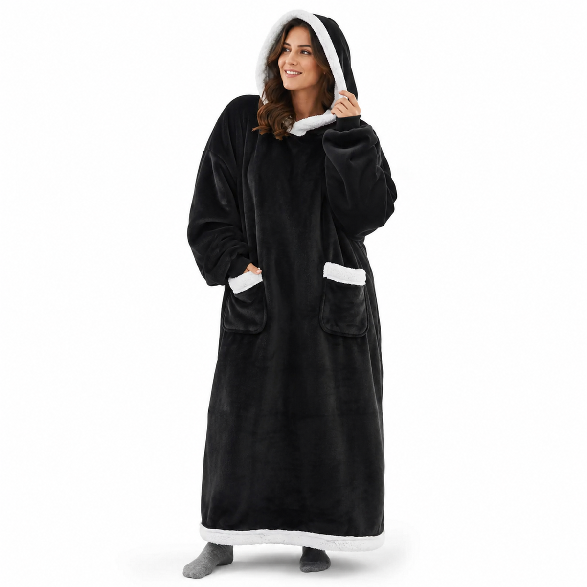 Full-Length Hooded Fleece in black - high-resolution studio product image
