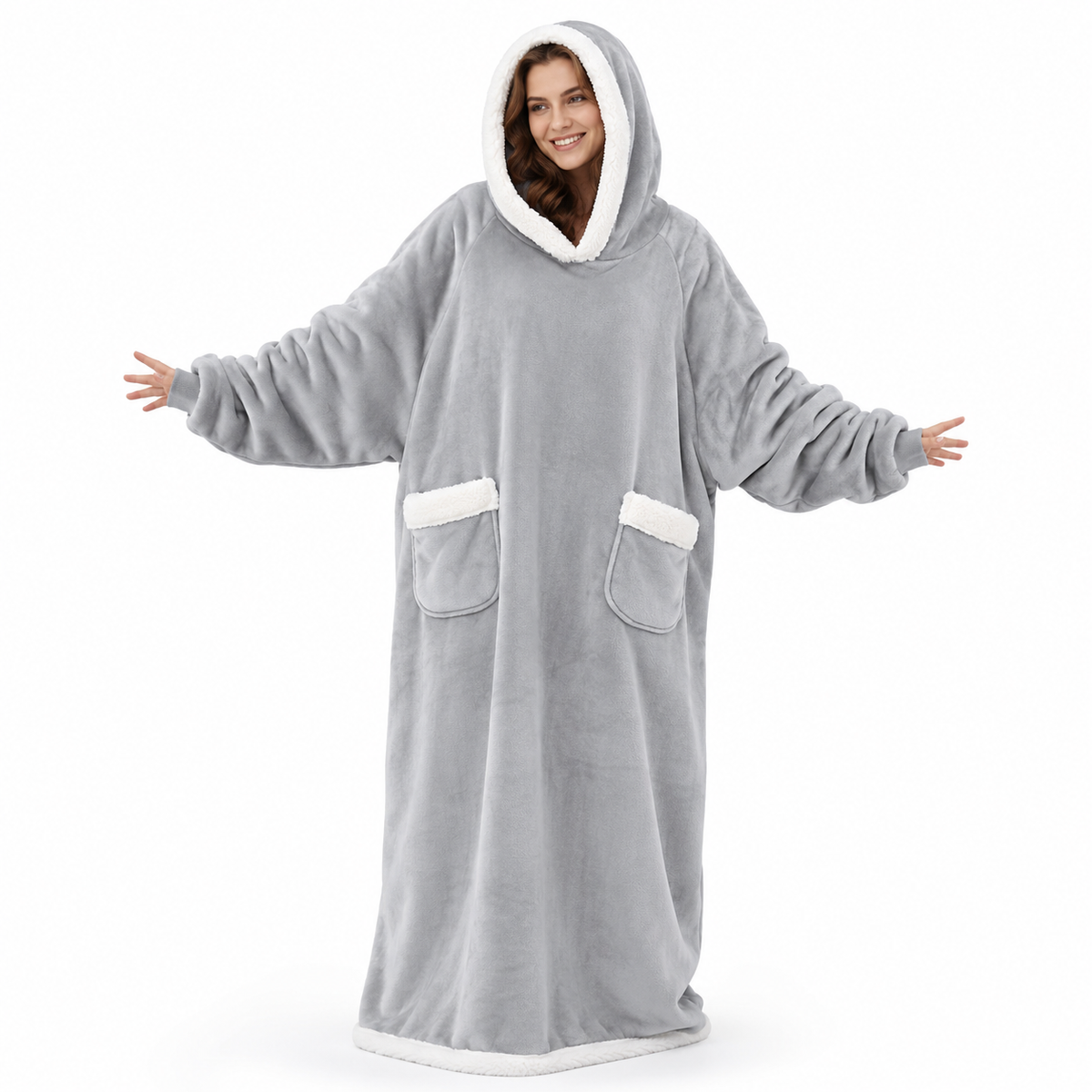 Full-Length Hooded Fleece in grey - high-resolution studio product image