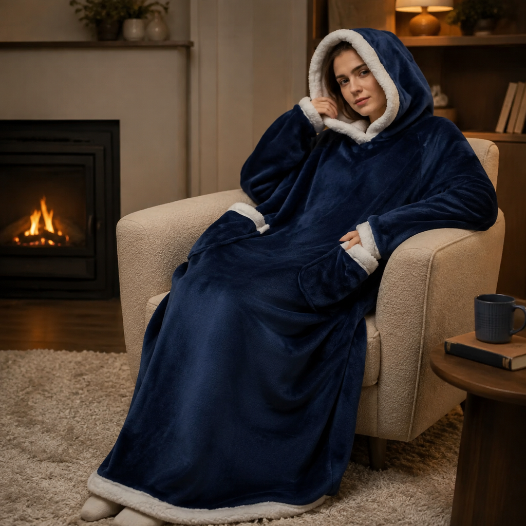 Navy full-length hooded fleece worn in a cosy living room