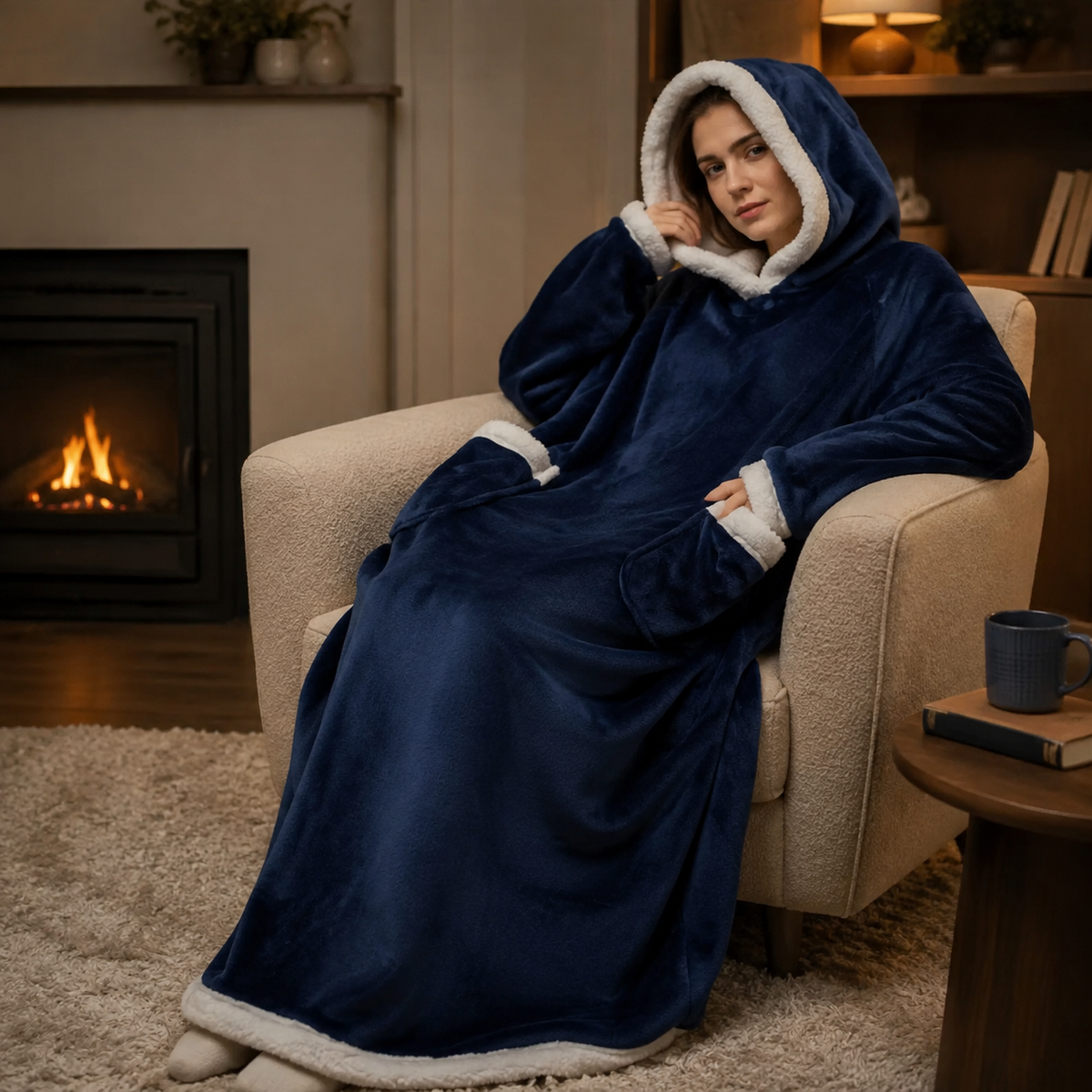 Navy full-length hooded fleece worn in a cosy living room