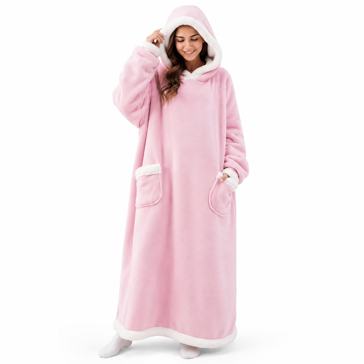 Full-Length Hooded Fleece in pink - high-resolution studio product image