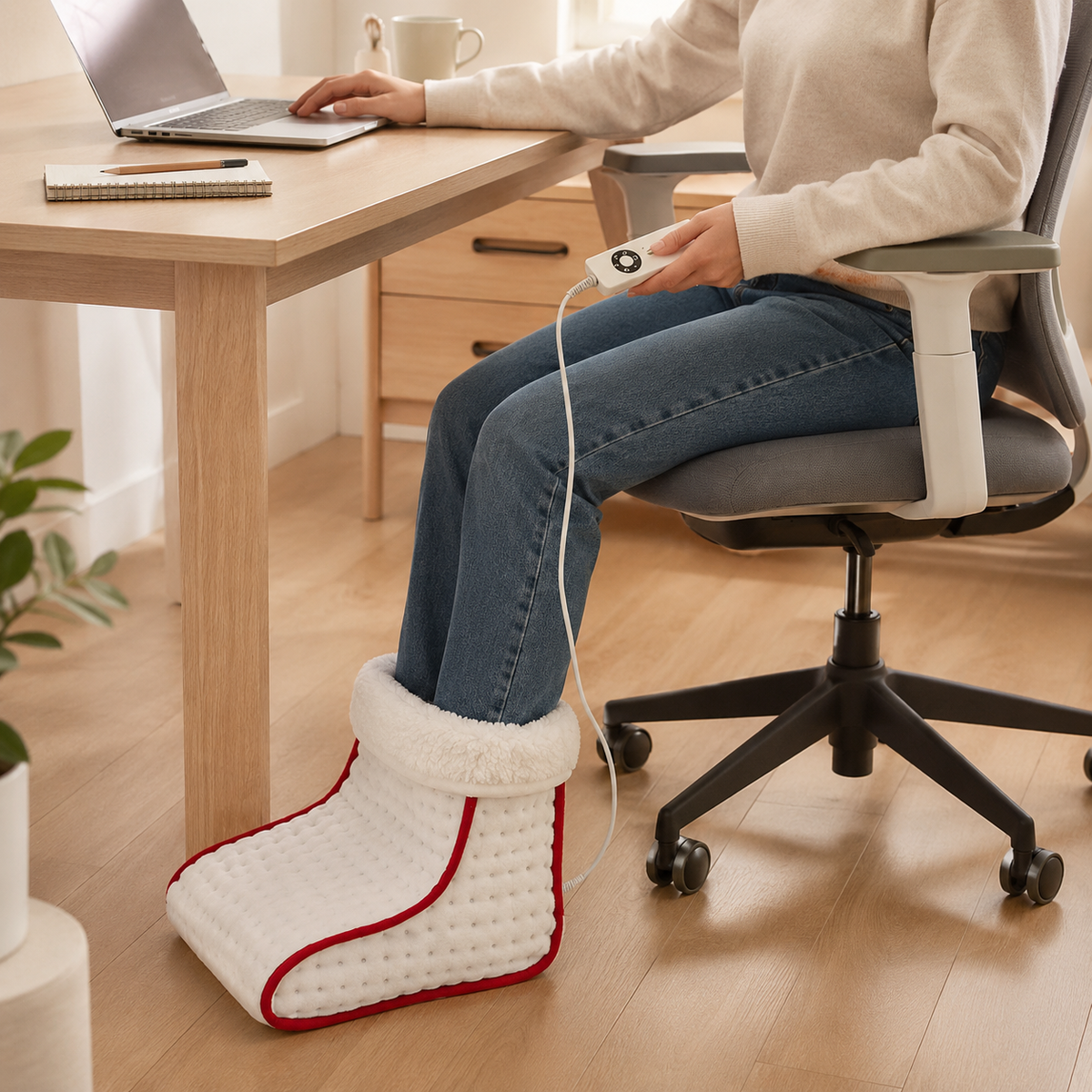 Heated Foot Warmer used at a home-office desk