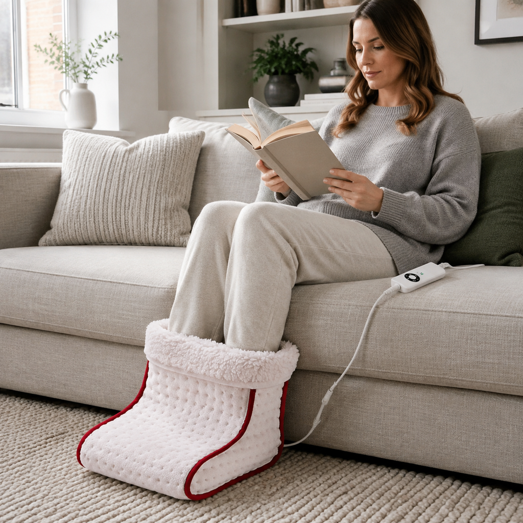 Heated Foot Warmer used while reading on a sofa