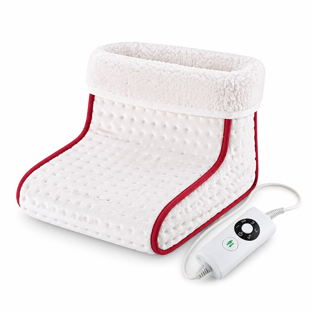 White Heated Foot Warmer with red piping and wired heat controller