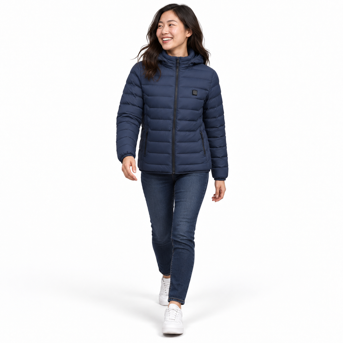 Model wearing the blue Heated Outdoor Jacket in a white studio