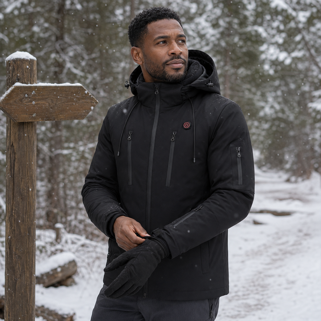 Fleece-Lined Heated Puffer Jacket in black – snowy trail lifestyle