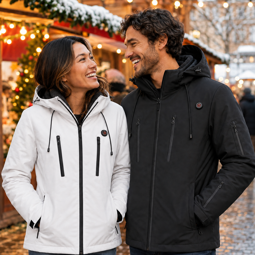 Fleece-Lined Heated Puffer Jackets in black and white – couple lifestyle