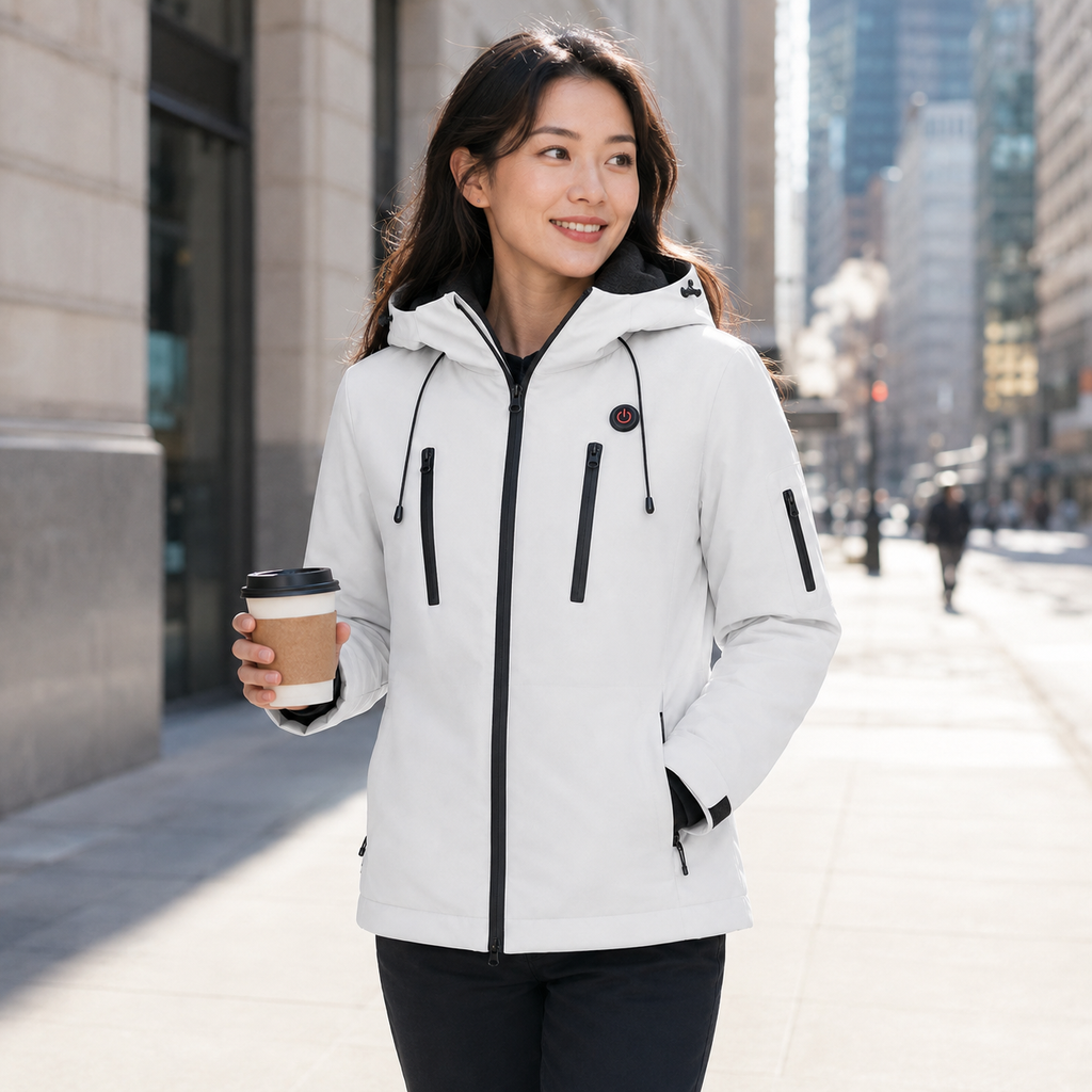 Fleece-Lined Heated Puffer Jacket in white – winter city lifestyle