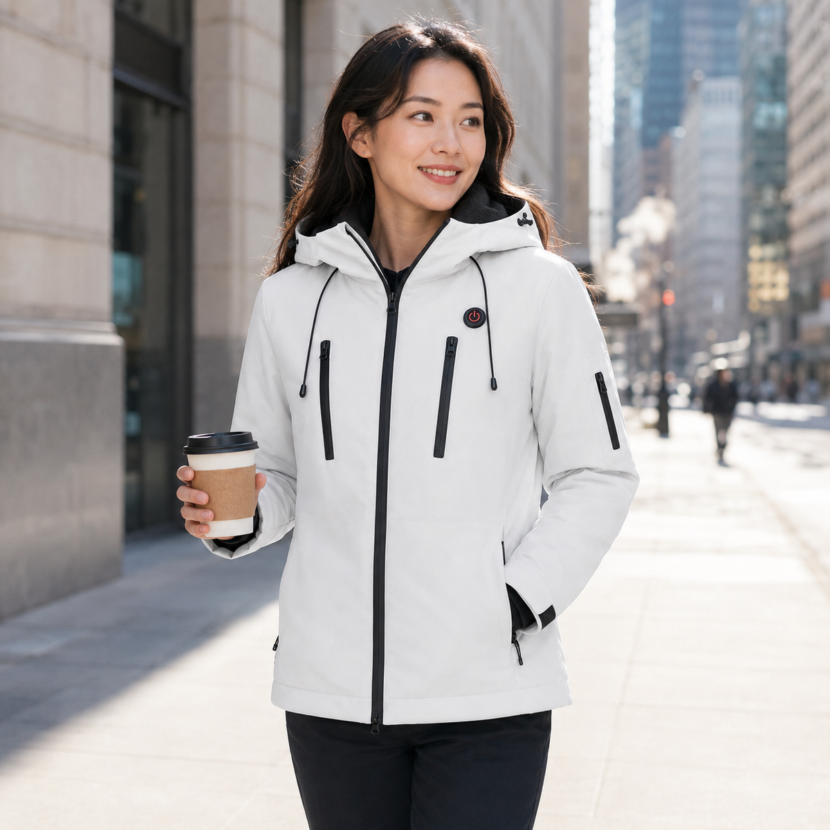 Fleece-Lined Heated Puffer Jacket in white – winter city lifestyle