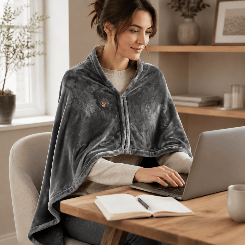Grey heated shawl worn while working from home