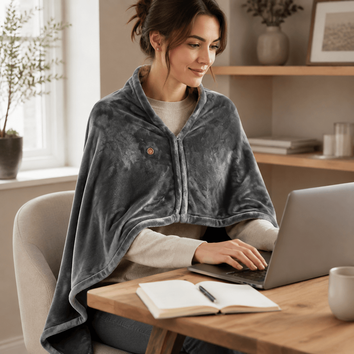 Grey heated shawl worn while working from home