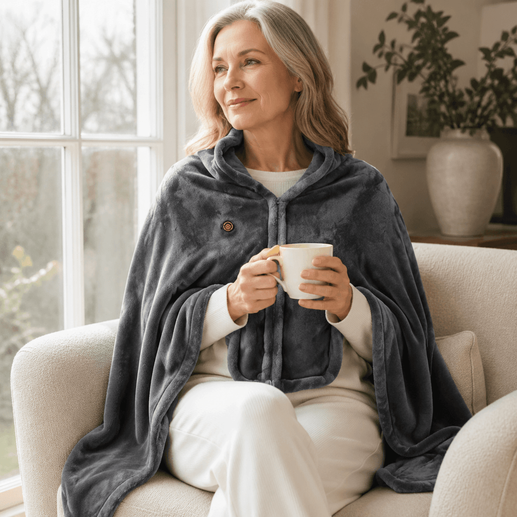 Grey heated shawl worn with a cup of tea by a window