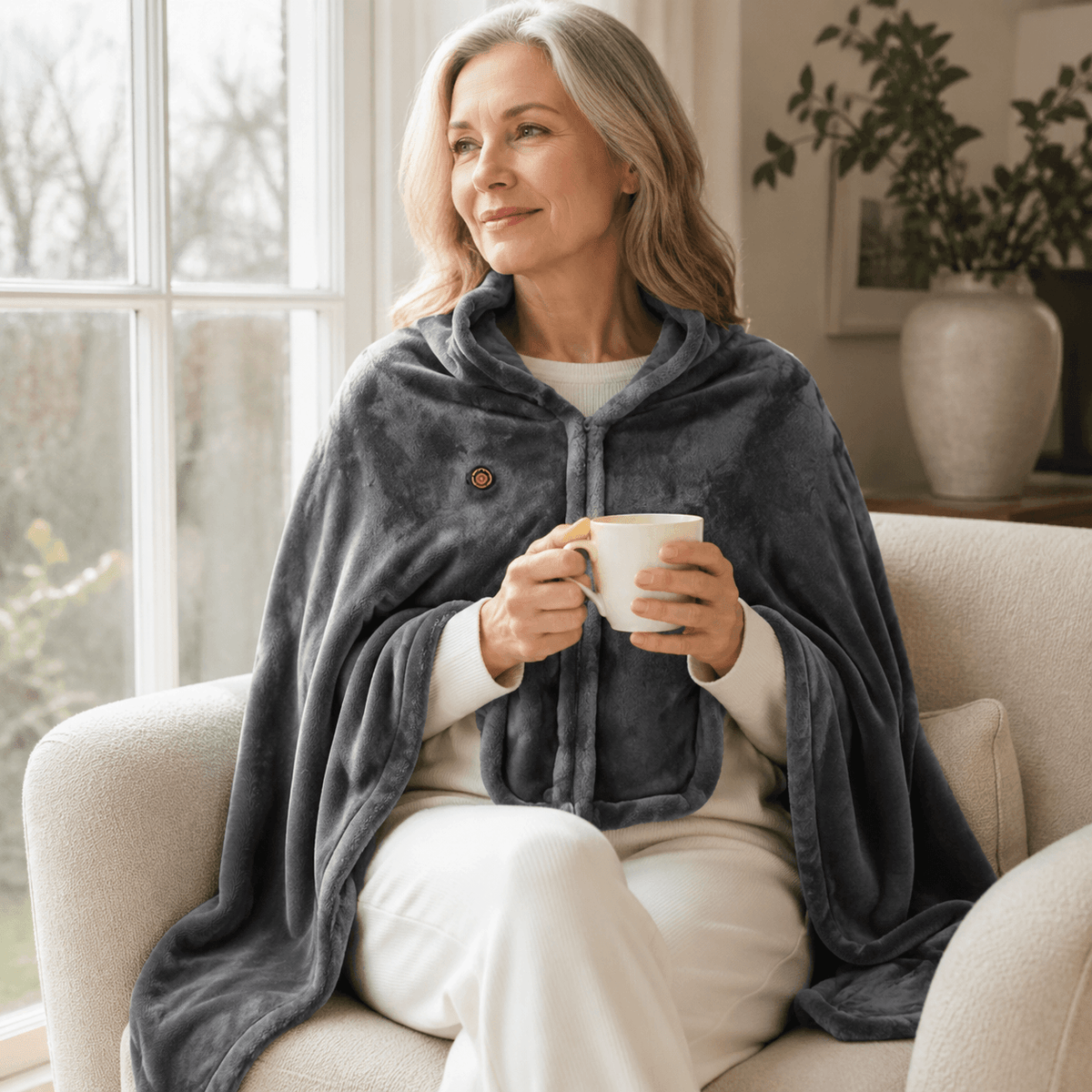 Grey heated shawl worn with a cup of tea by a window