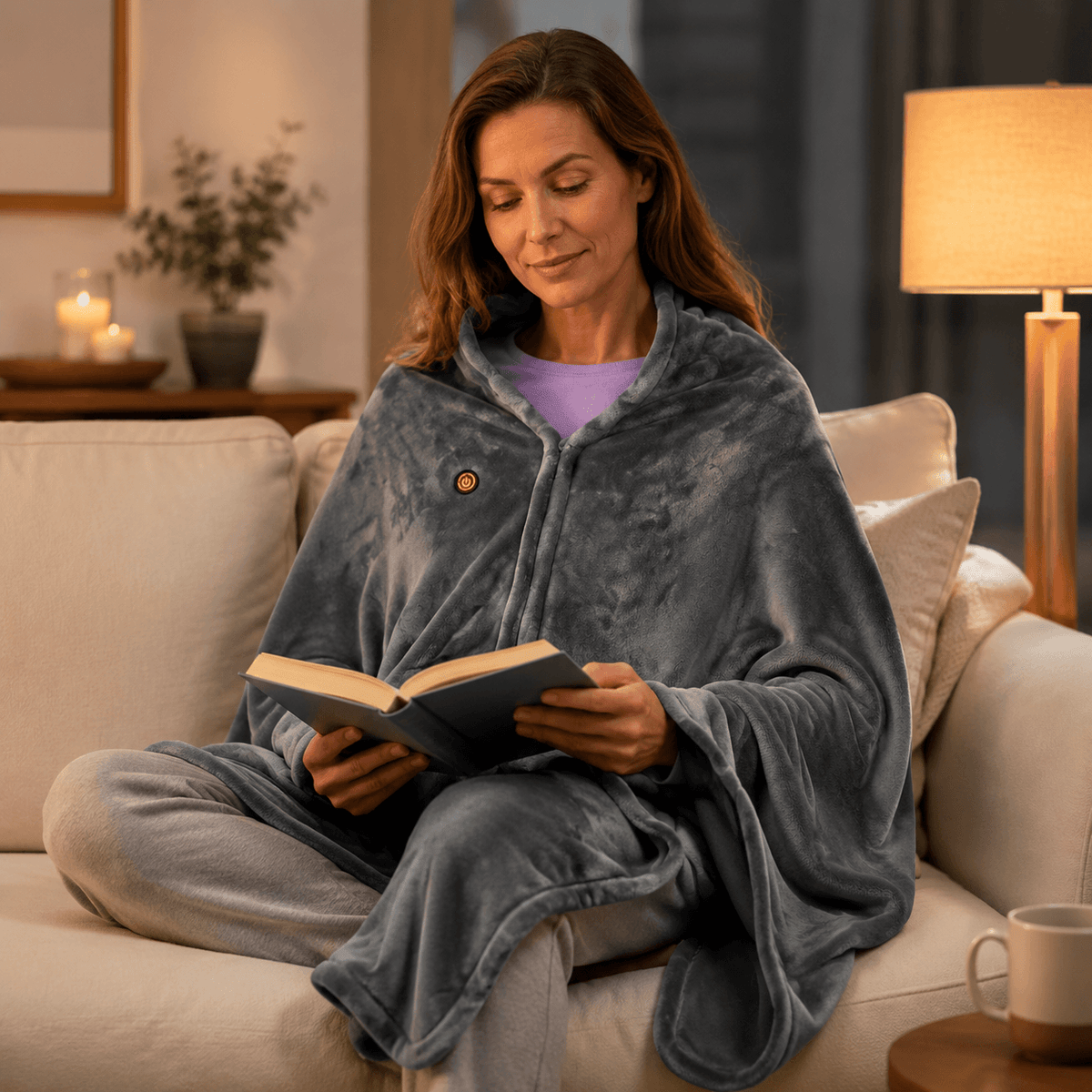 Grey heated shawl worn while reading on a sofa