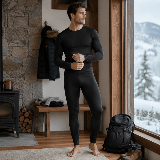 Heated Thermal Layers top and trousers worn together in a winter cabin