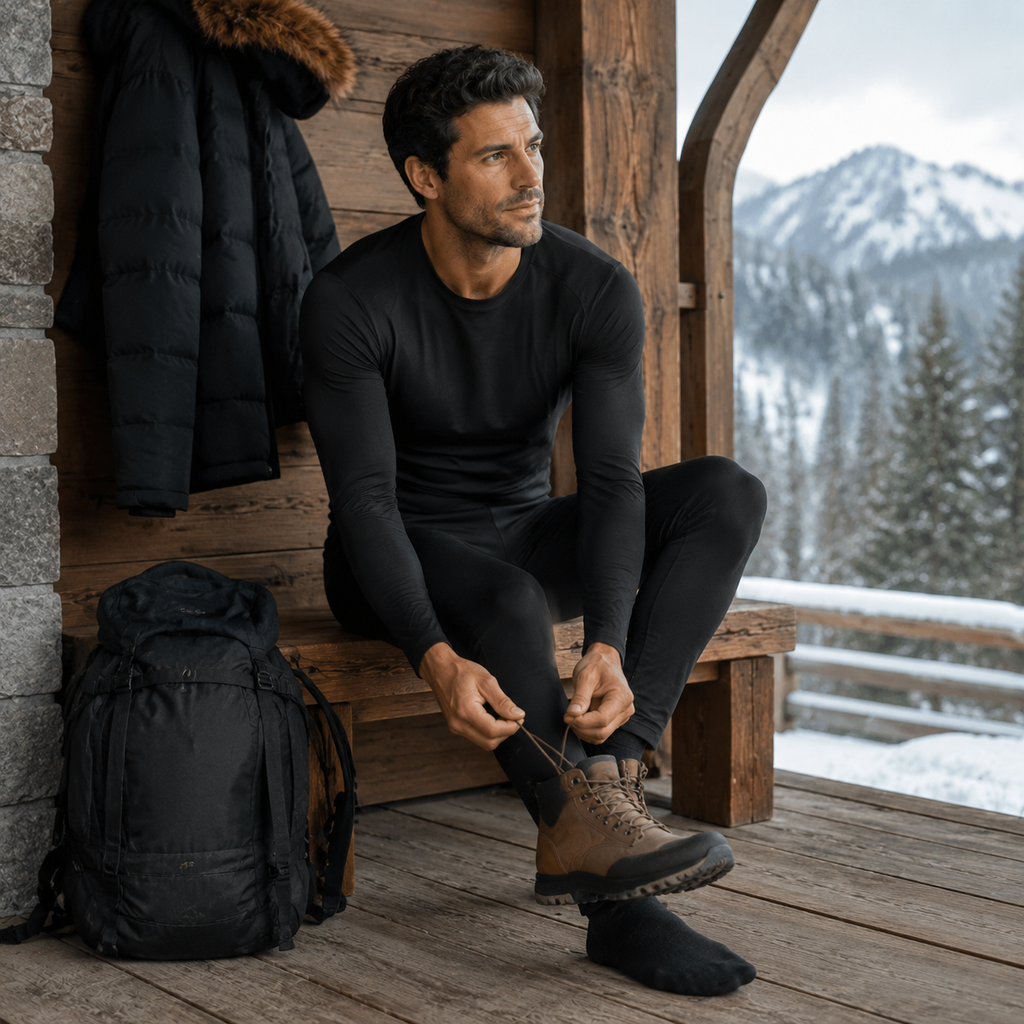 Heated Thermal Layers top and trousers worn together at a ski lodge
