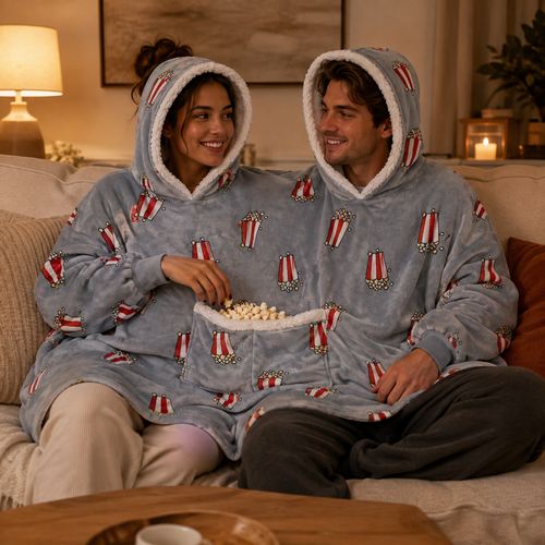 Young couple sharing the Grey Popcorn two-person hooded blanket for a cosy movie night