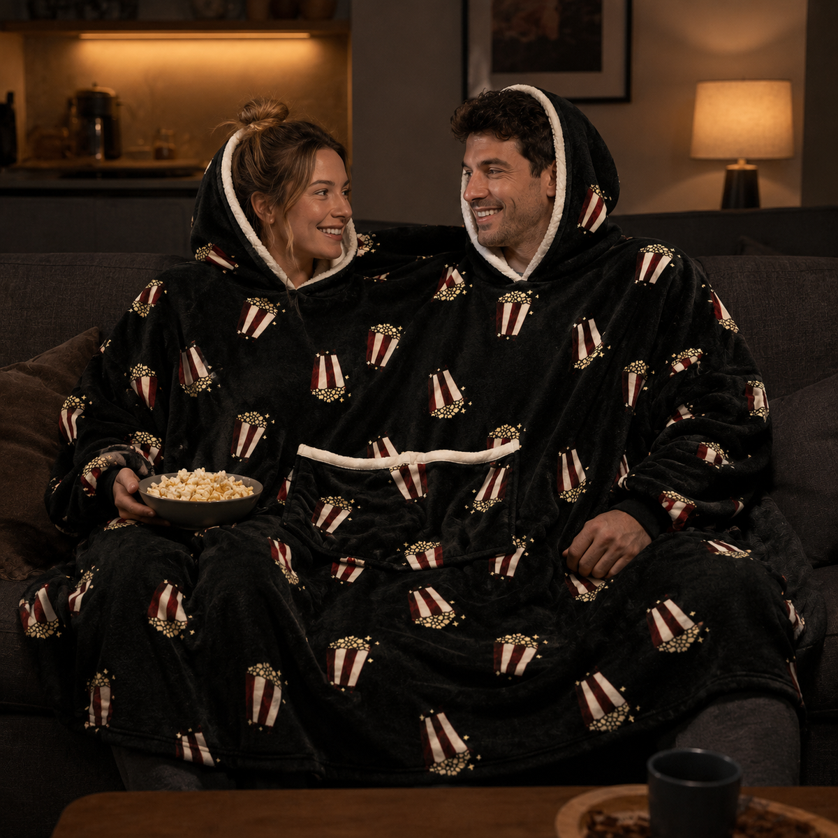 Young couple sharing the Black Popcorn two-person hooded blanket at home