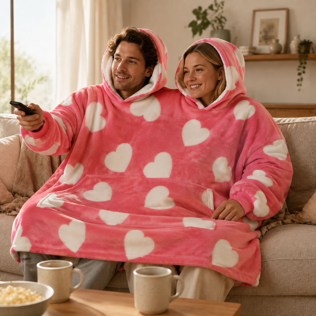 Young couple sharing the Pink Hearts two-person hooded blanket while watching television