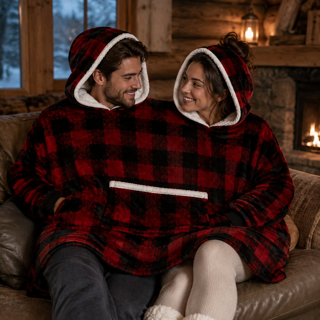 Young couple sharing the Red Plaid two-person hooded blanket in a cosy cabin
