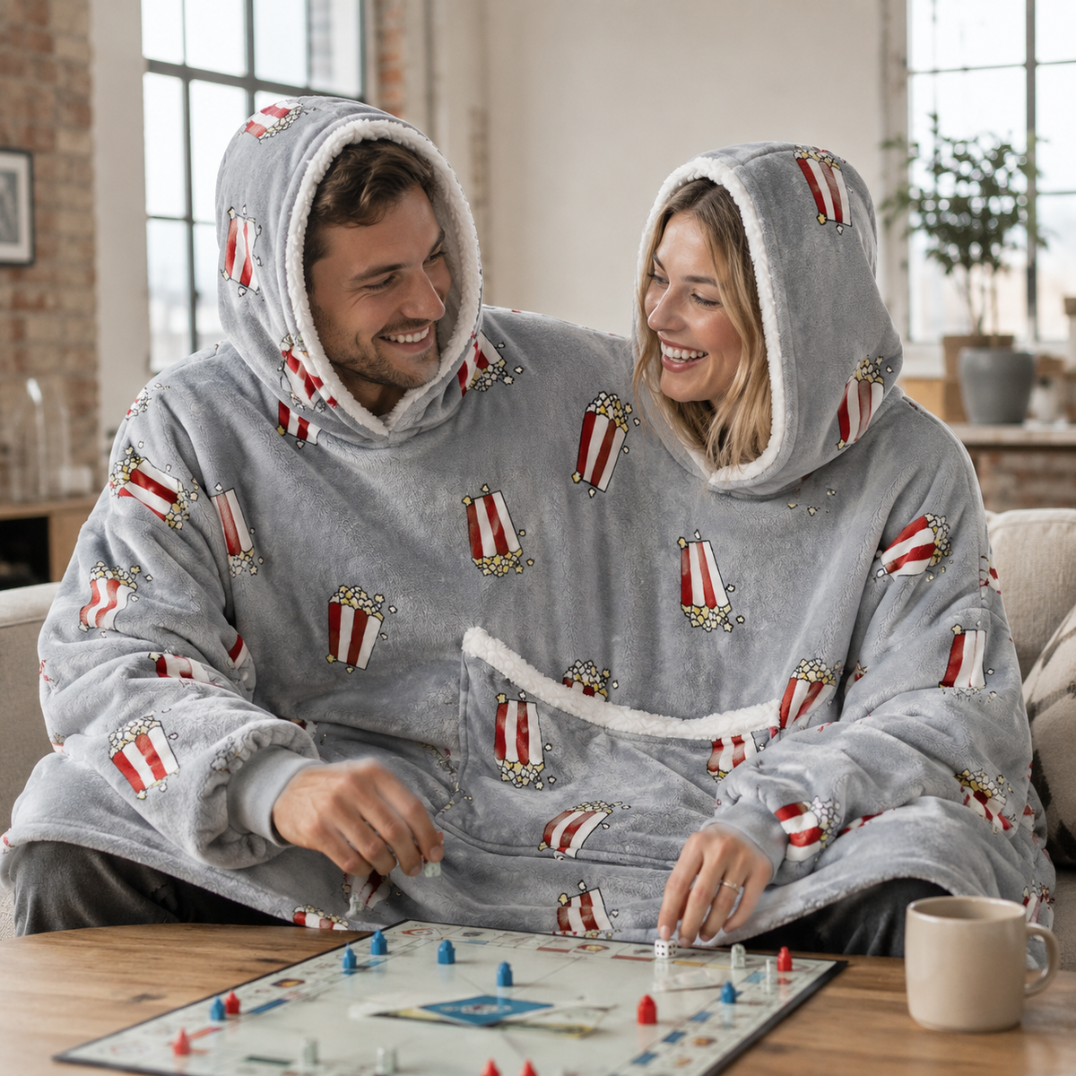 Young couple sharing the Grey Popcorn two-person hooded blanket while playing a board game