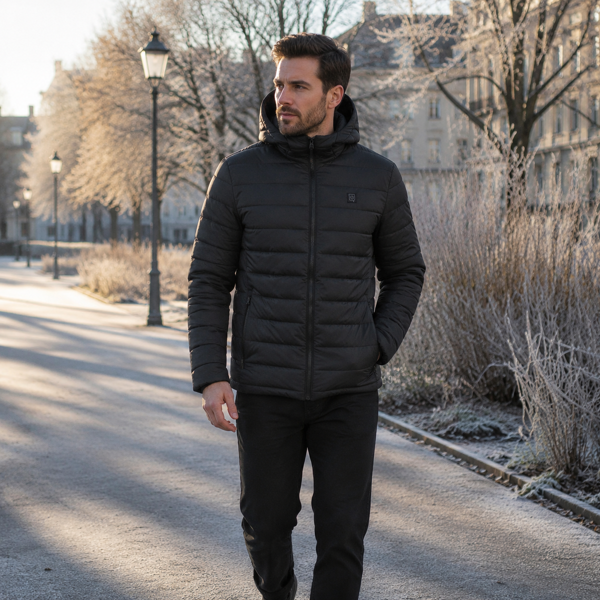 Multi-Zone Heated Outdoor Jacket worn on a frosty winter walk