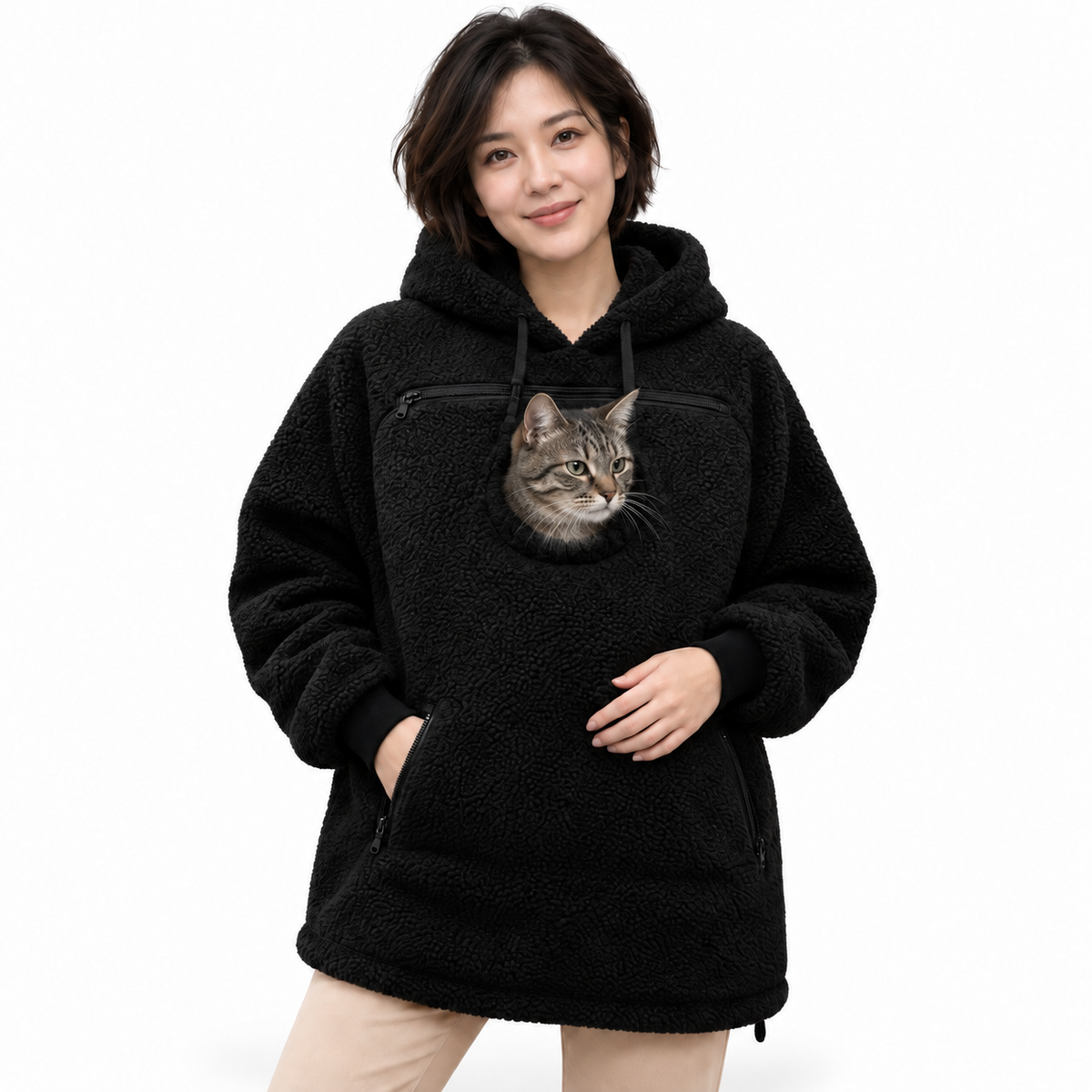 Pet Pouch Fleece in Black worn with a grey tabby cat