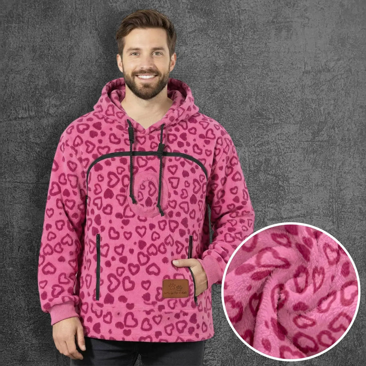 Rose Red Pet Pouch Fleece showing chest pouch, hand pockets and plush texture