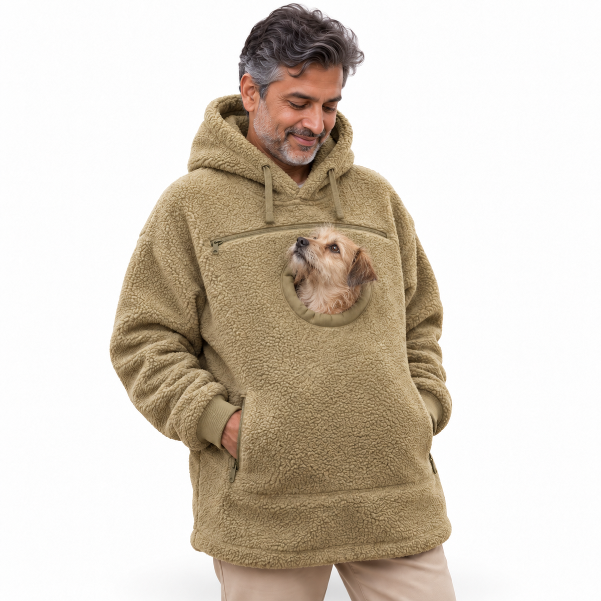 Pet Pouch Fleece in Khaki worn with a small wire-haired terrier