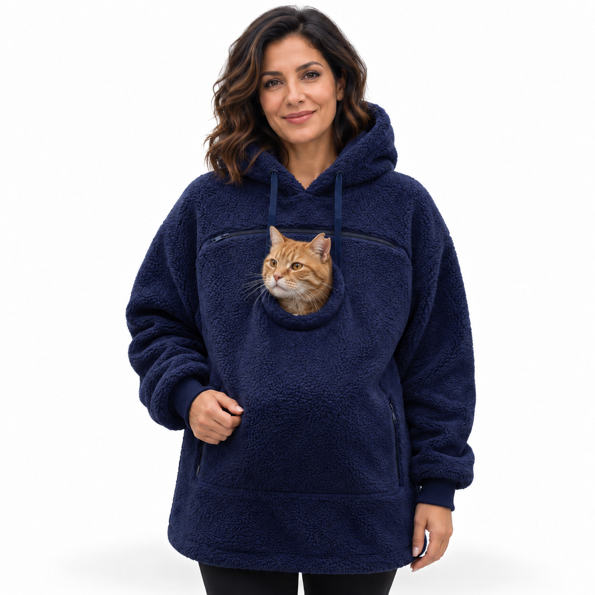 Pet Pouch Fleece in Navy Blue worn with a ginger cat