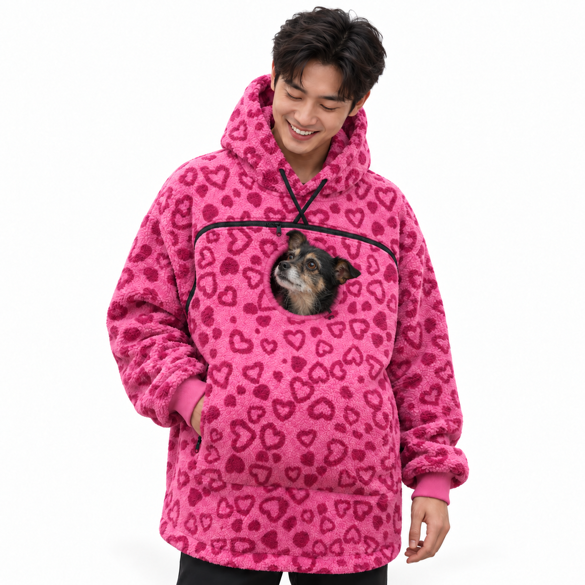 Pet Pouch Fleece in Pink Hearts worn with a small Chihuahua-terrier cross