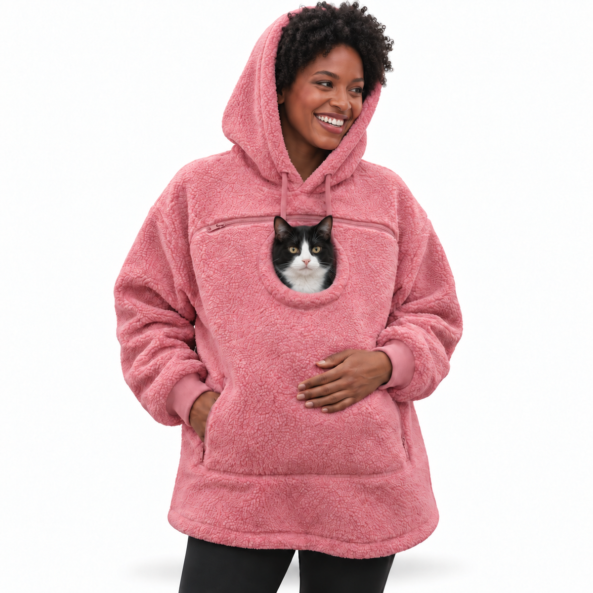 Pet Pouch Fleece in Pink worn with a calm tuxedo cat