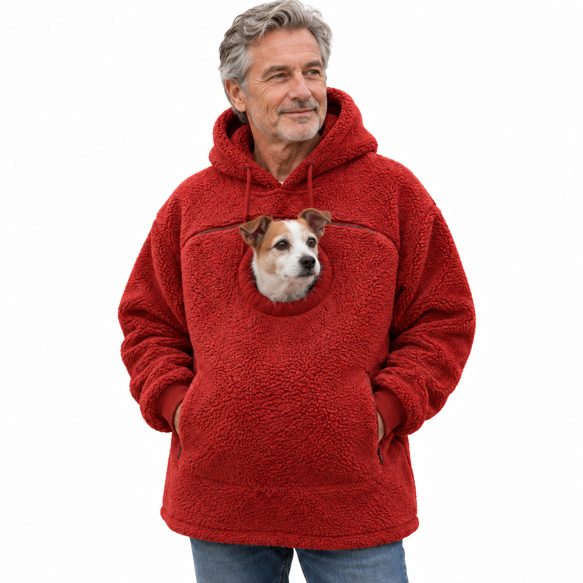 Pet Pouch Fleece in Red worn with a mature Jack Russell cross