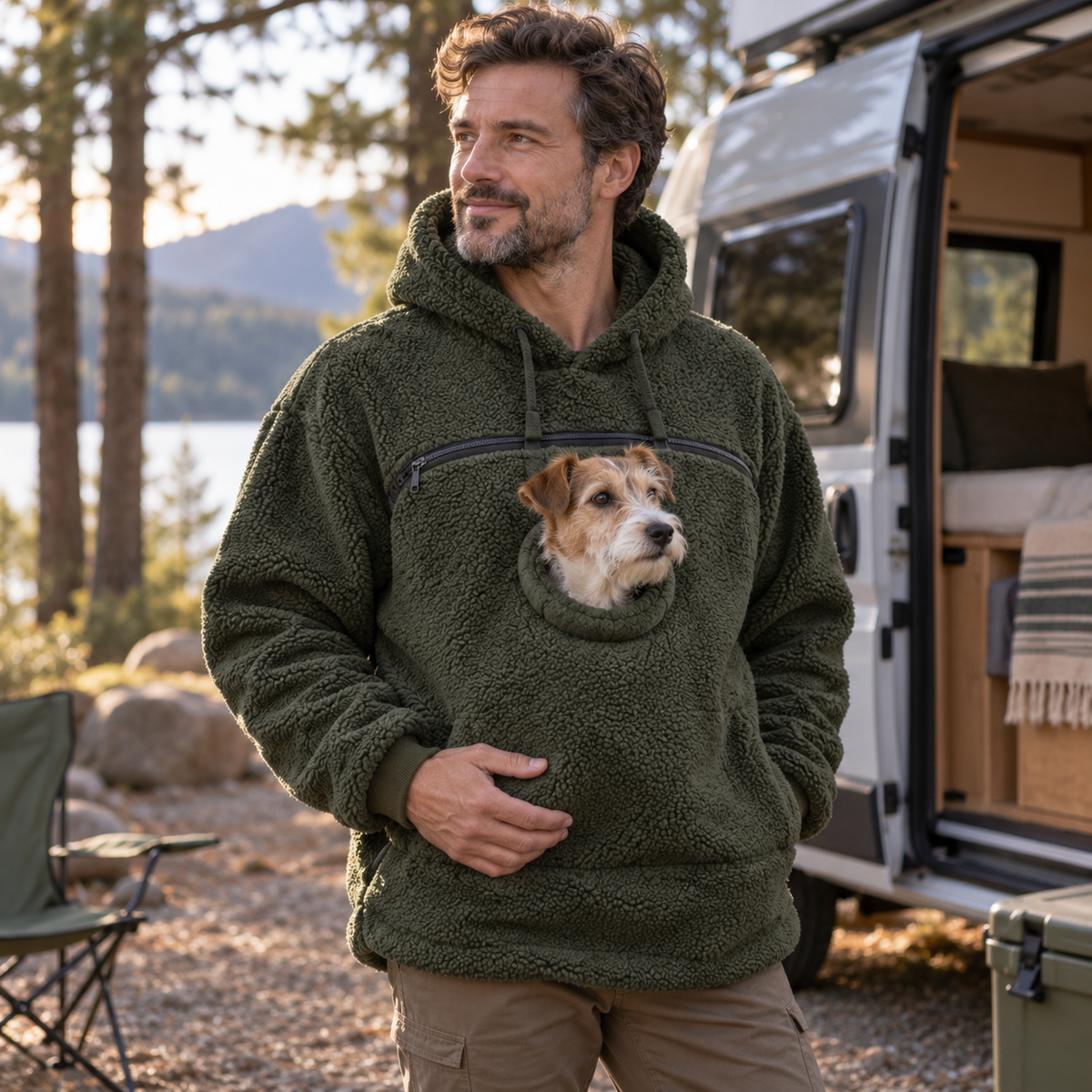 Man wearing Army Green Pet Pouch Fleece with a small dog beside a campervan